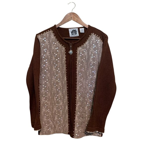 Brown Cardigan Lace Front Panels Rhinestone Zipper Pull Grannycore - Picture 10 of 10